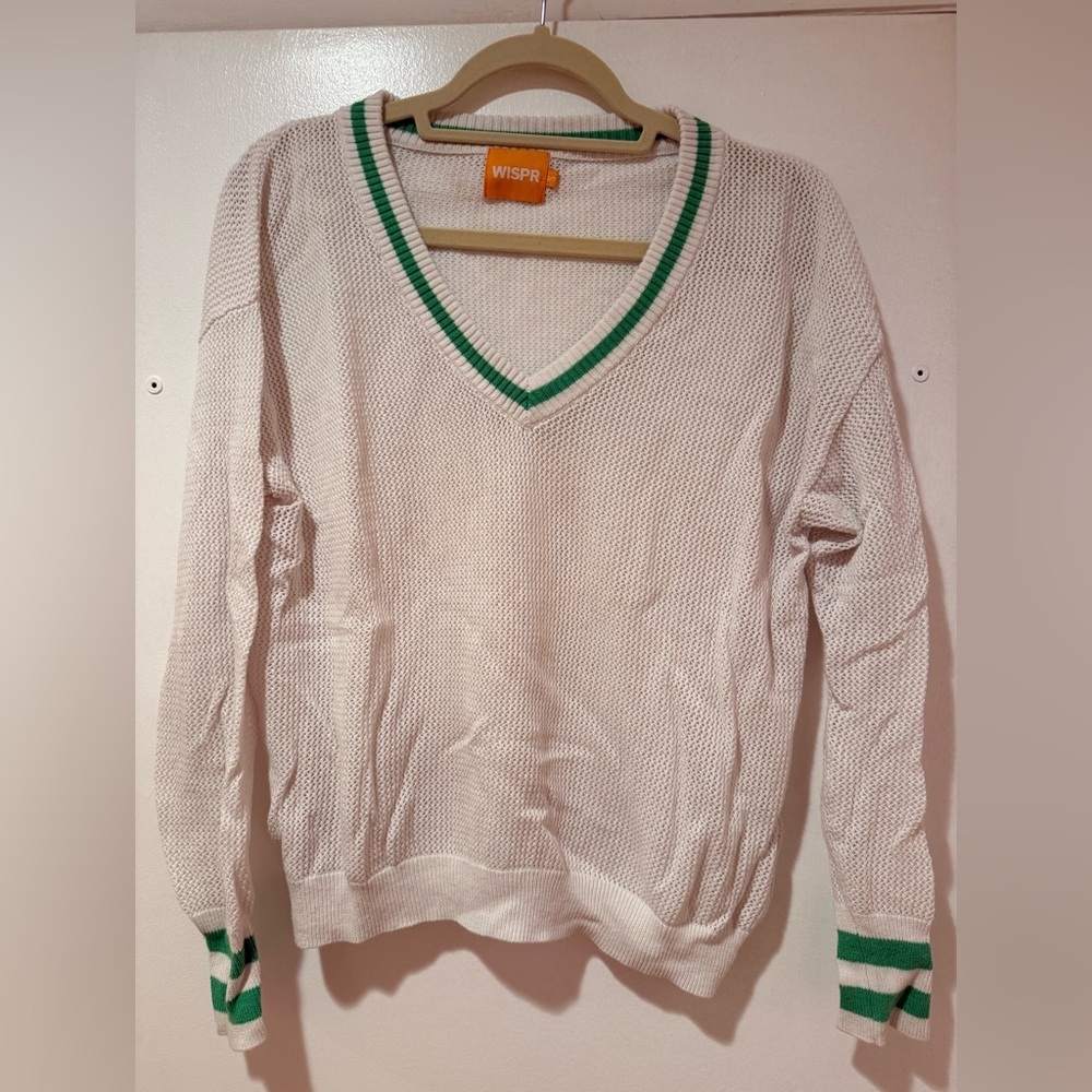 WISPR White and Green V-Neck Crochet Sweater